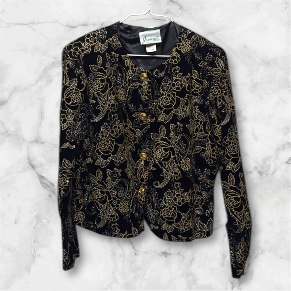 Vintage JOANNA Size Large Black Velvet Floral w Gold Silver Glitter Jacket M